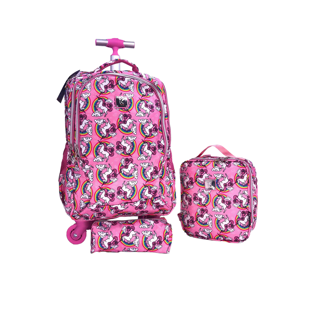 مجموعة حقيبة مدرسية بعجلات بتصميم يونيكورن وردي للبنات