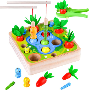 Excefore Magnetic Wooden Fishing Game Toy for Toddlers, Carrot Harvest Shaped & Size Matching Game Fine Motor Skill Wooden Toys, Preschool Learning Math Educational Toys