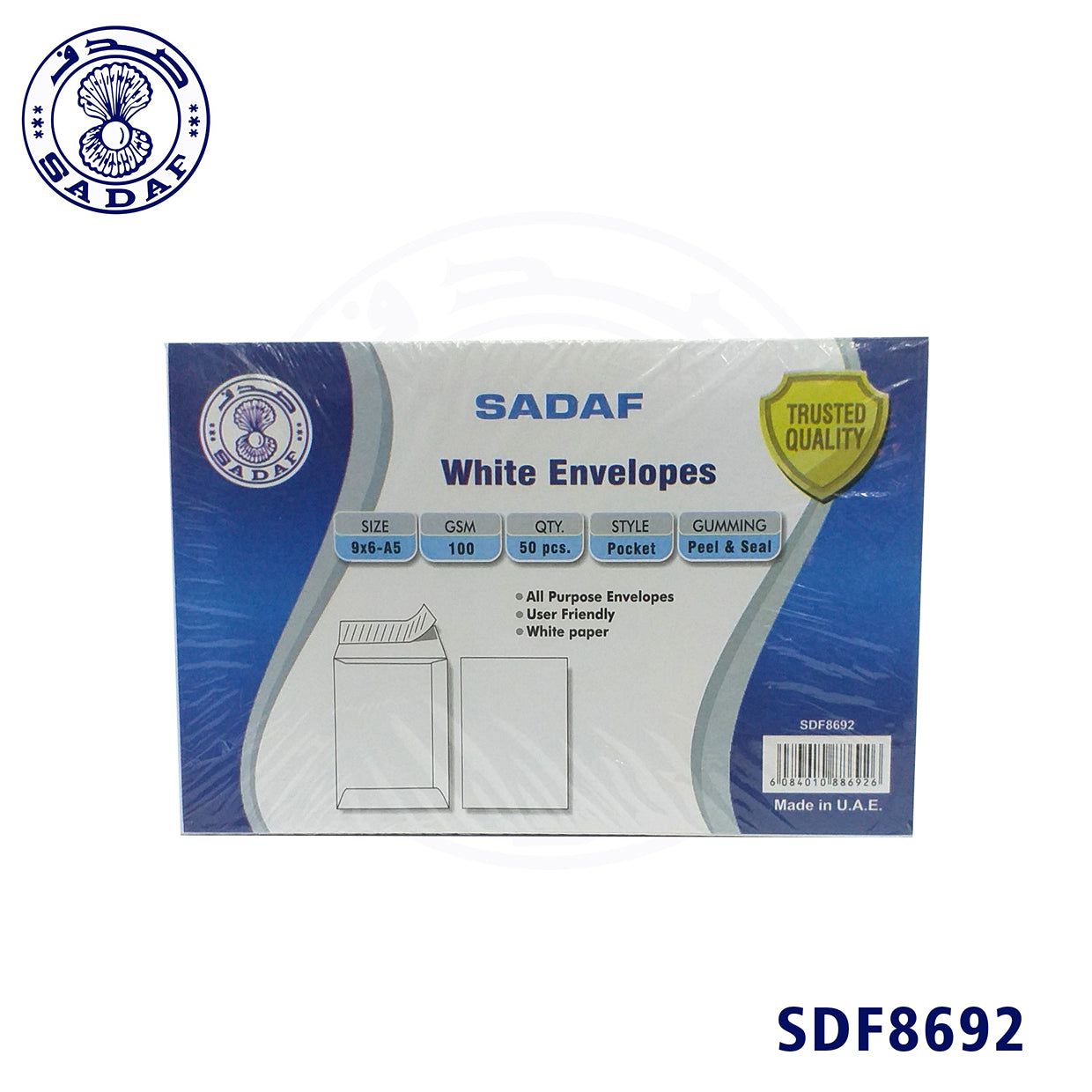 SADAF ENVELOPES 100GSM WHITE POCKET 6.3X9 -A5 (1X50PKT)