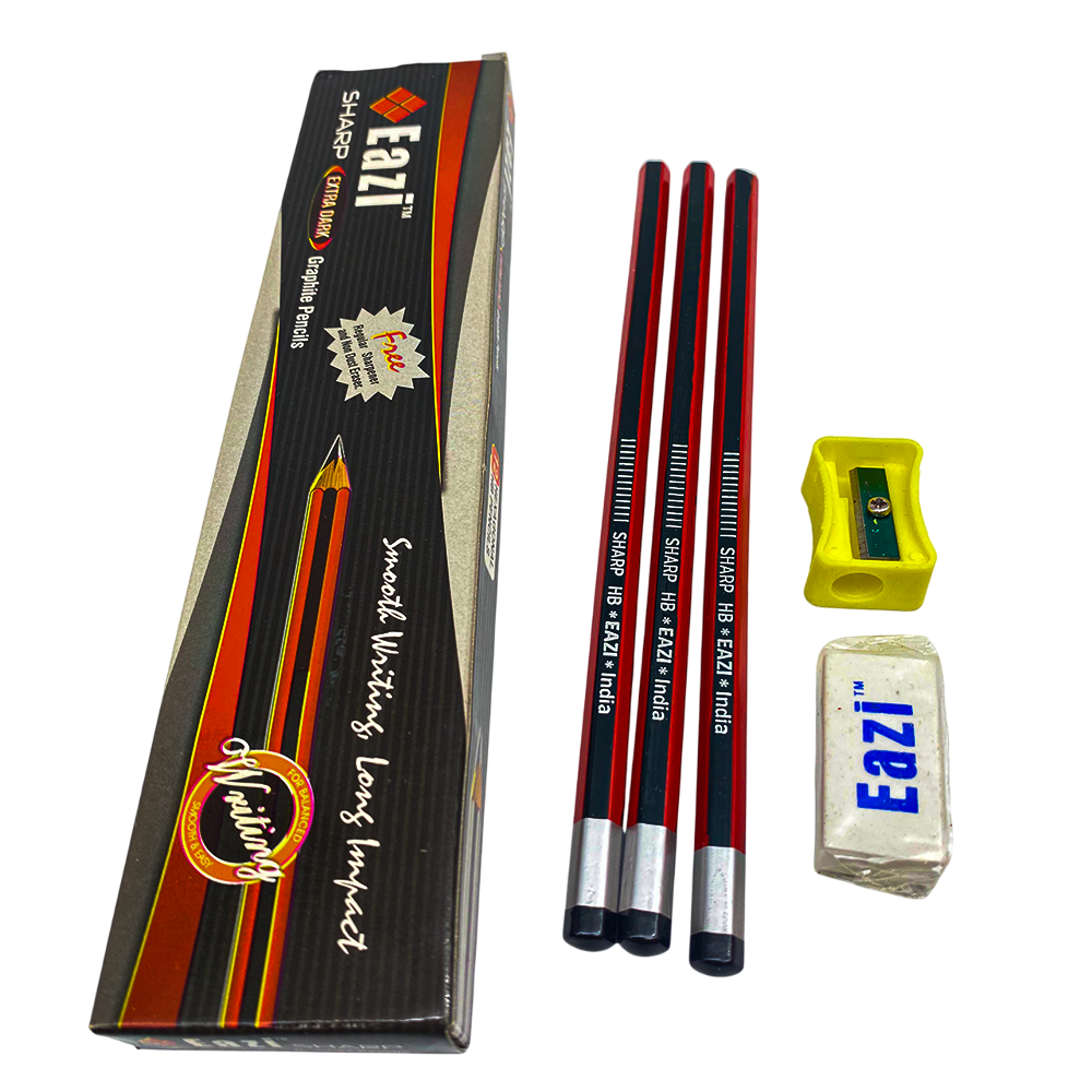 EAZI Pencil Box – 12 Pencils with Free Sharpener and Eraser