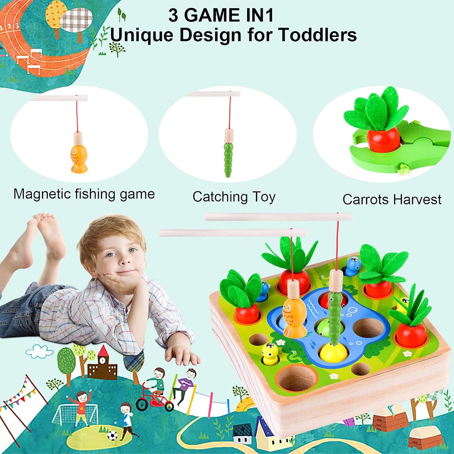 Excefore Magnetic Wooden Fishing Game Toy for Toddlers, Carrot Harvest Shaped & Size Matching Game Fine Motor Skill Wooden Toys, Preschool Learning Math Educational Toys