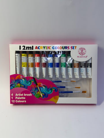 Acrylic paint set with 12 colour tubes, brush, and plastic palette for painting