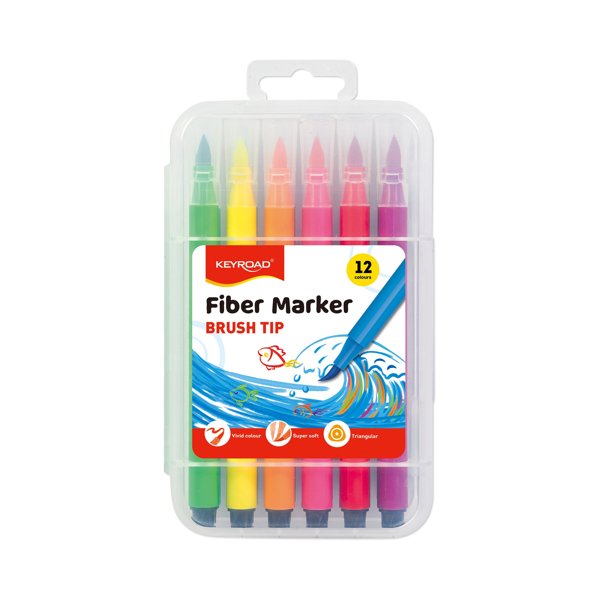 Keyroad KR972523 Brush Tip Fiber Marker Pen – 12 Colors in PP Box